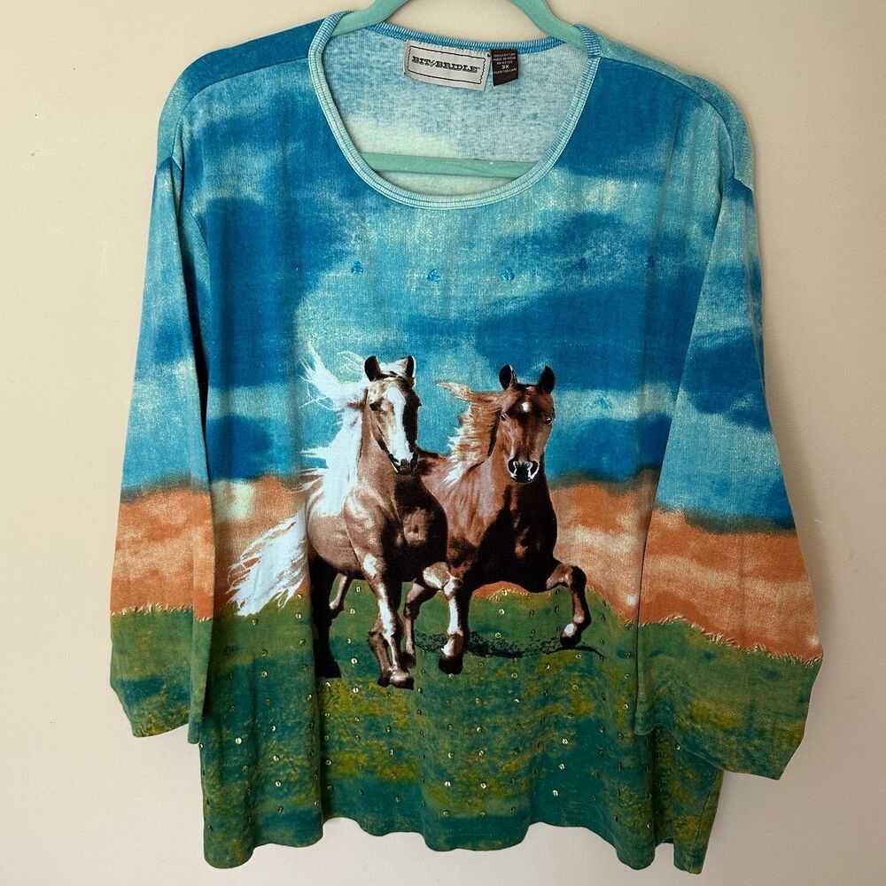 Vintage Y2K Bit & Bridle Wild Horses Sequins Knit Cotton Top Plus Size 3X